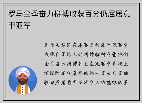 罗马全季奋力拼搏收获百分仍屈居意甲亚军